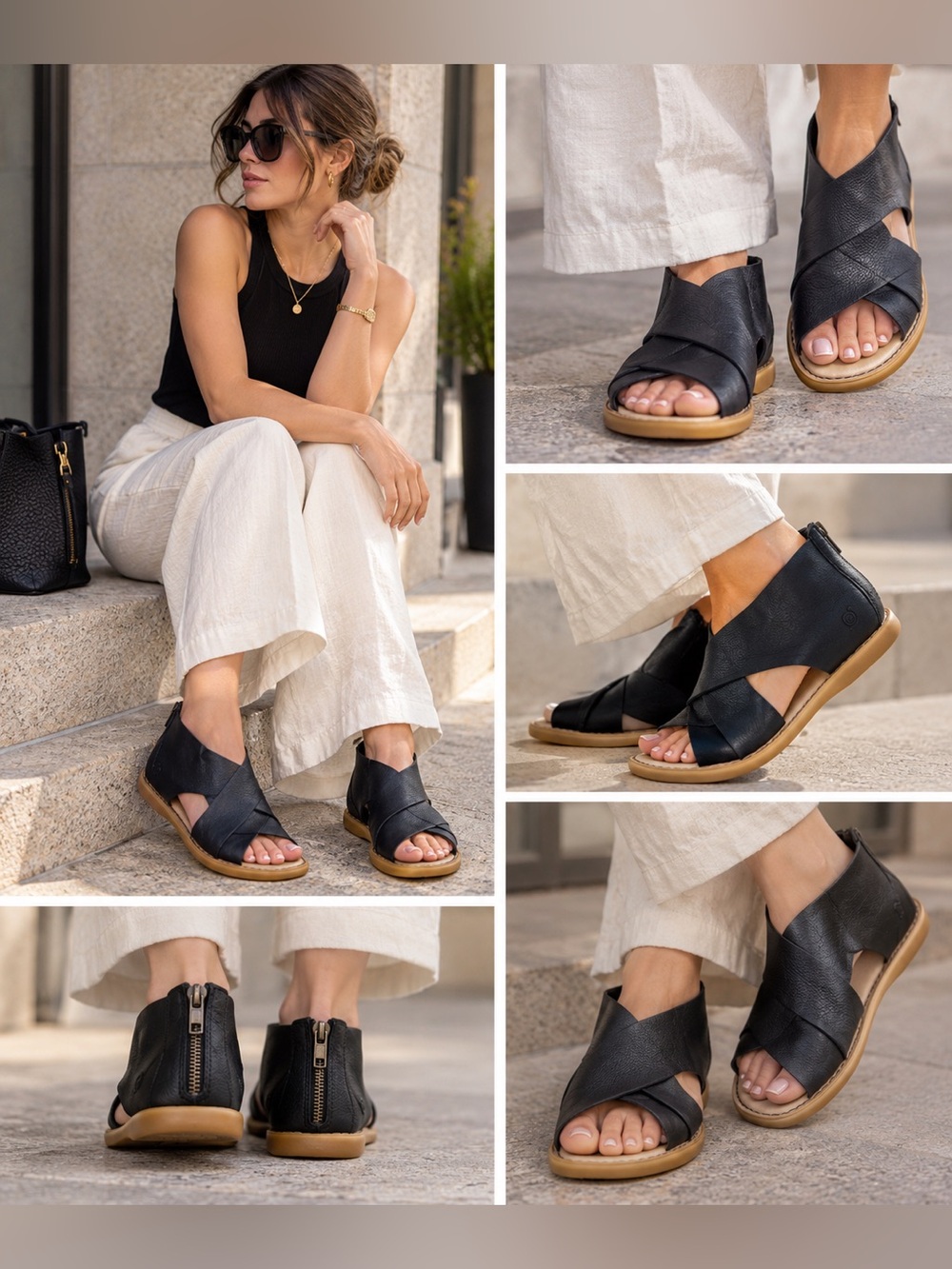 Born Black Leather Strappy Gladiator Sandals Back Zip Flat Women’s Shoes